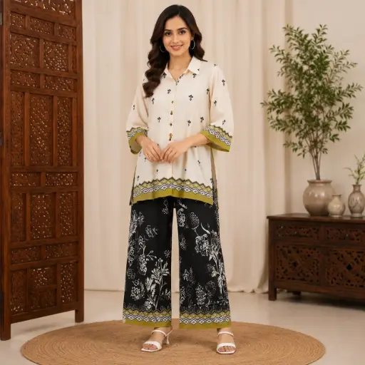 [68543074FY00E2] Women's Cream Printed Shirt with Black Floral Palazzo Pants Co-Ord Set