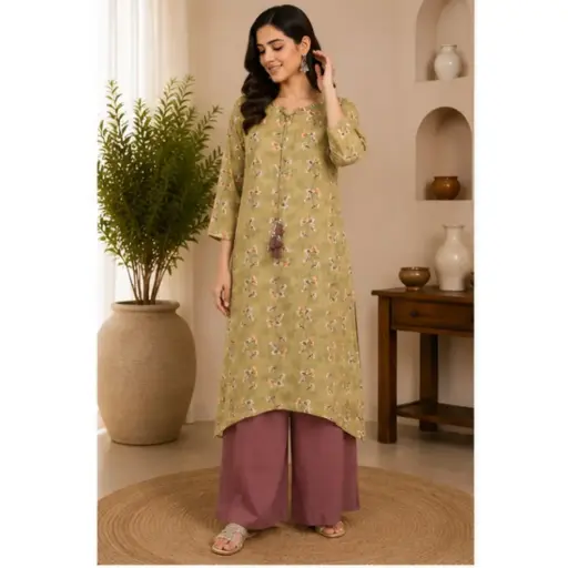 [75343003JZ50A5] Elegant Olive Green Floral Kurta Palazzo Set