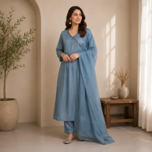 [79243083IW89B4] Women's Embroidered Anarkali Kurta Pant with Dupatta Set