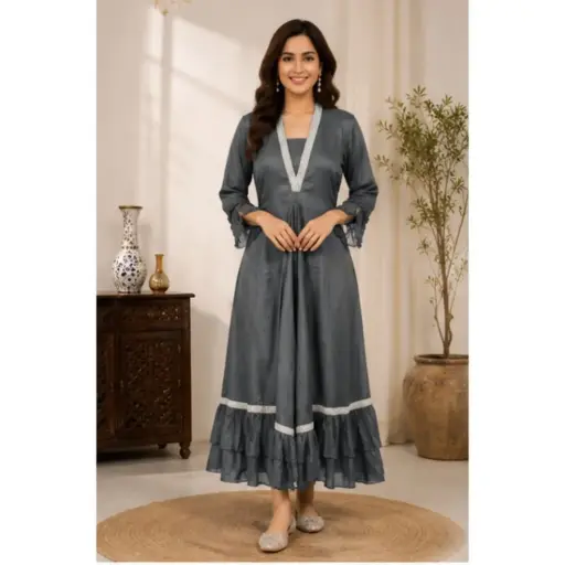 [79643039IZ11B5] Women's Grey Anarkali Dress with Elegant V-Neck Embellishment, Flared Maxi Gown