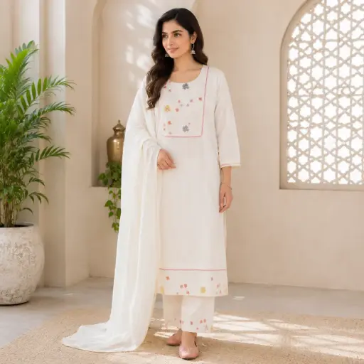 [85943074FI76D8] Women's White Floral Embroidered Kurta Pant Dupatta Set