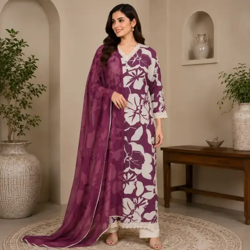 [DRESSES - 11279] Women's Purple Floral Printed Kurta Set with Dupatta | Elegant Ethnic Salwar Suit
