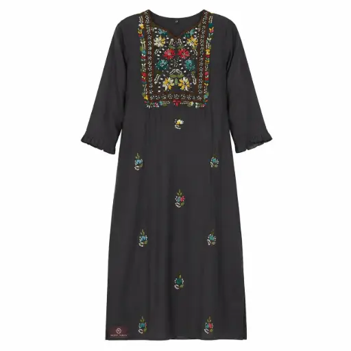 [87243074FW68E1] Women's Black Embroidered Cotton Kurti with Colorful Floral Thread Work, Straight Fit