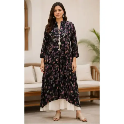[21306001UX0734] Women's Black Abstract Printed Long Kurti with Stylish Pendant Detail