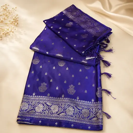 [75209001EF28E3] Royal Blue Silk Saree with Silver Zari Floral Border, Buti Motifs & Tassel Pallu