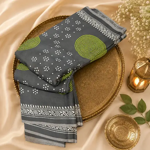 [65809001LZ2688] Grey Printed Cotton Blend Saree with Green Spiral Motifs