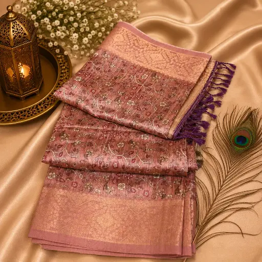 [54017012FZ55E2] Elegant Dusty Rose Floral Woven Saree with Rich Jacquard Border & Purple Tassels