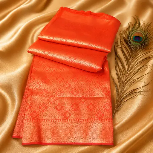 [54017072EQ73E8] Coral Orange Silk Saree with Jacquard Zari Border & Glossy