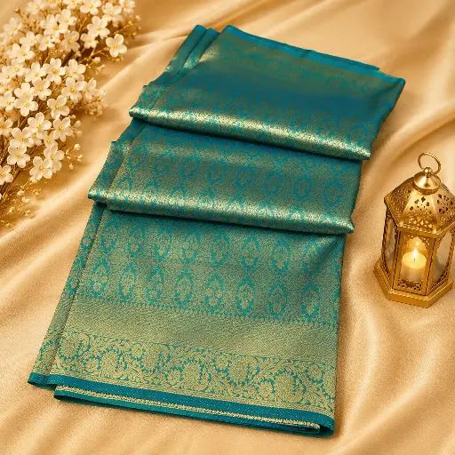 [54017072EQ79E8] Teal Blue Silk Saree with Gold Zari Floral Border & Jacquard Weave