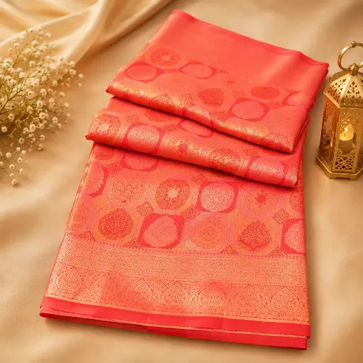 [54017072EQ81E8] Elegant Peach Pink Banarasi Silk Saree with Golden Zari Motifs and Rich Woven Border