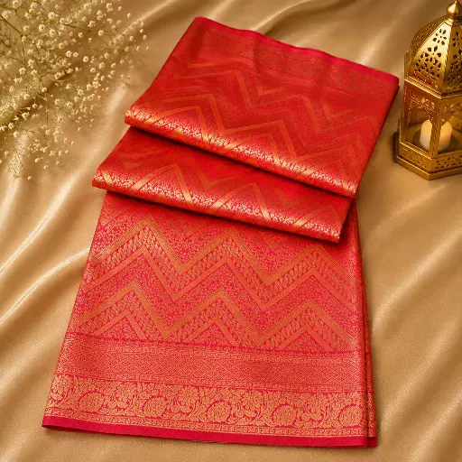 [54017072EQ75E8] Elegant Coral Pink Banarasi Silk Saree with Rich Gold Zari Chevron Weave