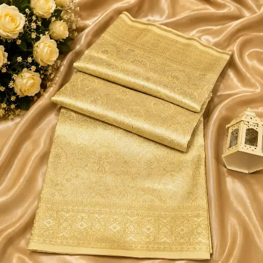 [54017001EA35E2] Elegant Champagne Gold Banarasi Silk Saree with Allover Zari Weave