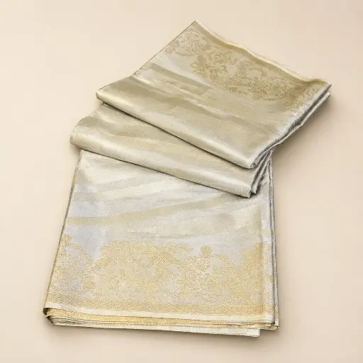 [54017001FZ64E2] Silver Gold Banarasi Style Saree with Paisley Zari Border