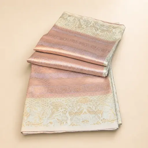 [54017001FZ89E2] Elegant Peach Cream Banarasi Style Saree with Gold Zari Floral Border