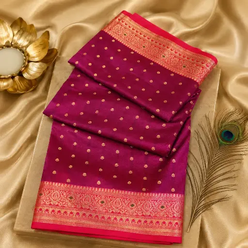 [29309001EA64E2] Royal Magenta Banarasi Silk Saree with Gold Zari Buta & Rich Woven Border