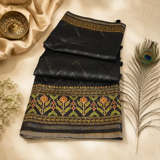 [74209001HF52B7] Elegant Black Soft Silk Saree with Floral Woven Pallu & Golden Zari Border