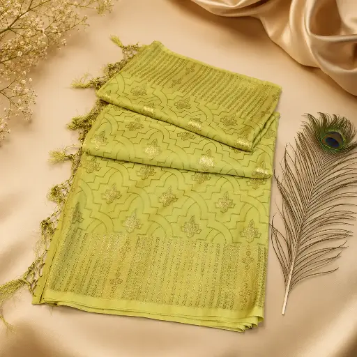 [74209001HF65B9] Elegant Pastel Green Banarasi Silk Saree with Gold Zari Motifs & Tassels