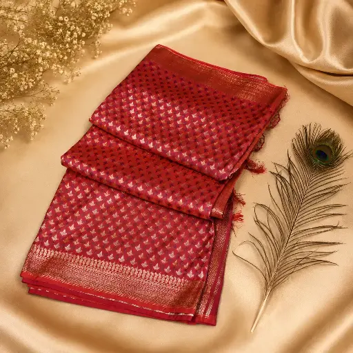 [74209001HF66B9] Elegant Rust Pink Banarasi Silk Saree with Gold Zari Woven Motifs & Rich Border
