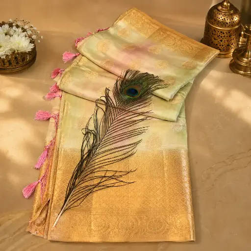 [74209001JS12A4] Elegant Off White Banarasi Silk Saree with Gold Zari Border & Pink Tassels