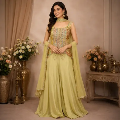 [92725074YW43E1] Women's Pastel Lime Green Embroidered Sharara Set with Floral Printed Kurta & Dupatta