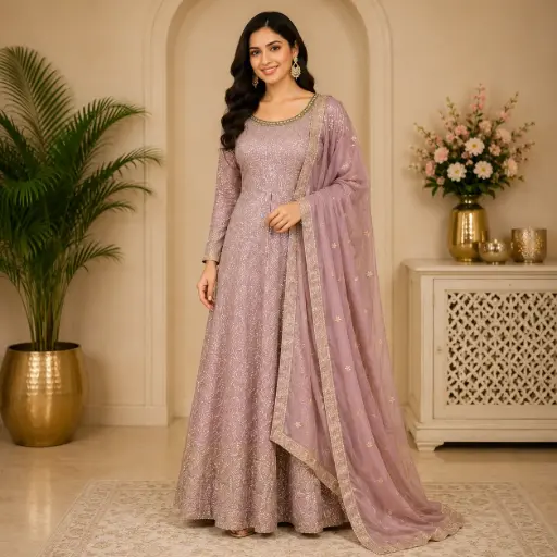 [45225013FW52E1] Women's Mauve Embroidered Anarkali Gown with Dupatta