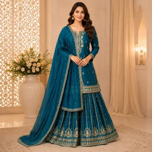 [45225074IA65E1] Women's Teal Blue Embroidered Kurta Sharara Set with Dupatta
