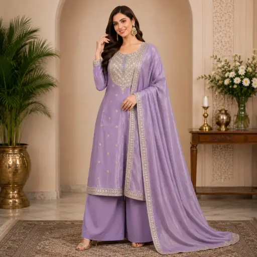 [00925002FE20D5] Women's Lavender Embroidered Kurta Palazzo Set with Dupatta