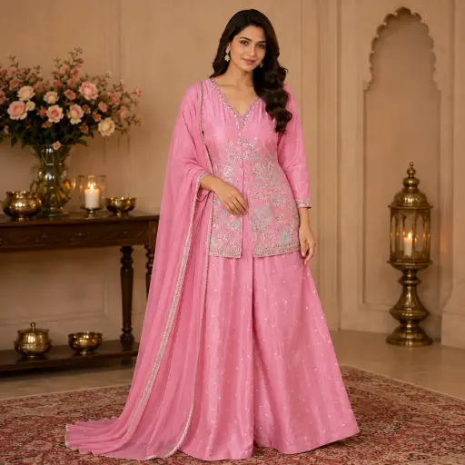 [00925074ZM26D5] Women's Baby Pink Embroidered Kurta Palazzo Set with Dupatta