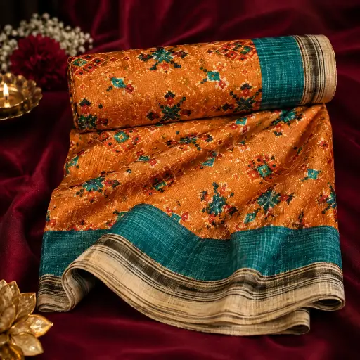[33109001YT0669] Mustard Orange Printed Saree with Teal Border Festive Traditional Ethnic Wear