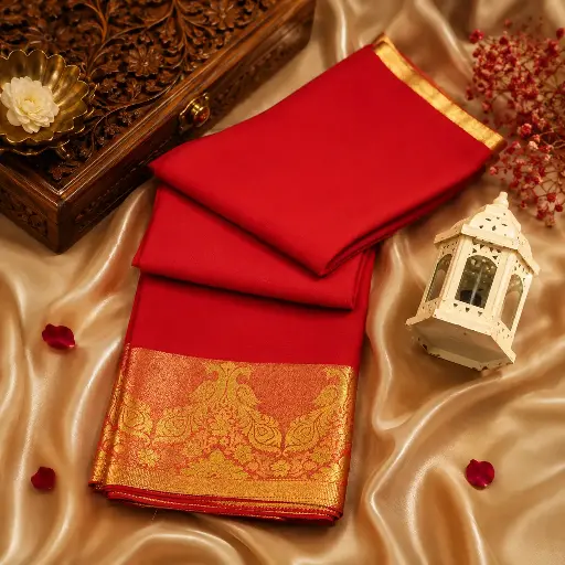 [05909001WI2028] Elegant Red Silk Blend Saree with Rich Golden Zari Border