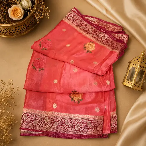 [06109001IN54E5] Elegant Coral Pink Banarasi Silk Saree with Floral Buttis & Rich Zari Border