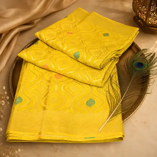 [06109001JZ81E4] Mustard Yellow Banarasi Silk Saree with Geometric Zari Weaving & Elegant Border
