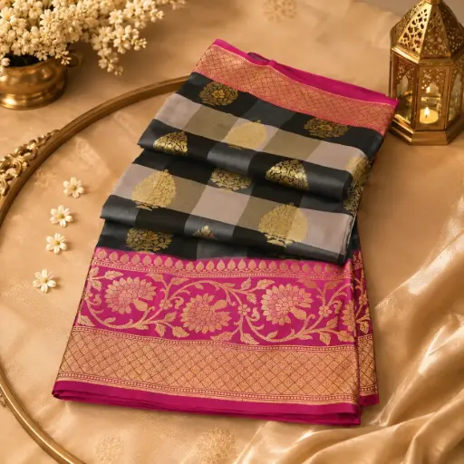 [06109001MA0268] Charcoal Grey Banarasi Silk Saree with Gold Zari Checks & Rani Pink Floral Border Elegant Wear 