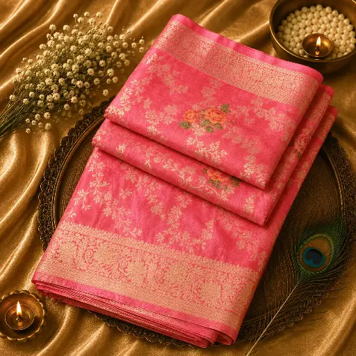 [06109001ZD58E4] Pink Banarasi Silk Saree with Floral Zari Weaving & Elegant Border