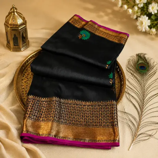 [09809001OH1456] Elegant Black Silk Blend Saree with Gold Zari Border & Peacock Buti