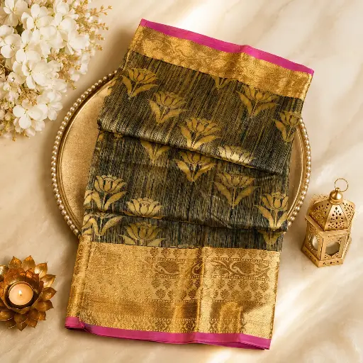 [09809001OH6856] Elegant Black & Gold Banarasi Silk Saree with Pink Border