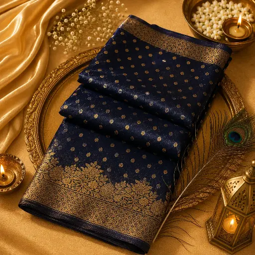 [64509001JG37A1] Elegant Navy Blue Banarasi Silk Saree with Gold Zari Polka Butis & Floral Border
