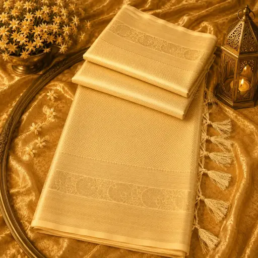 [64509001GA55C5] Elegant Golden Banarasi Silk Saree with Rich Jacquard Weave