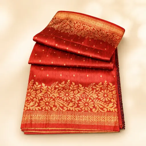 [64509001JH32A1] Rust Red Banarasi Style Saree with Gold Floral Zari Border