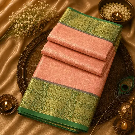 [64509001JF98A1] Baby Pink Banarasi Silk Saree with Green Zari Border & Elegant Woven Design