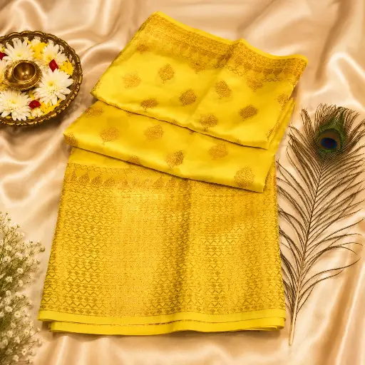 [64509001KX6097] Elegant Lemon Yellow Soft Silk Saree with Gold Zari Buta & Rich Woven Border