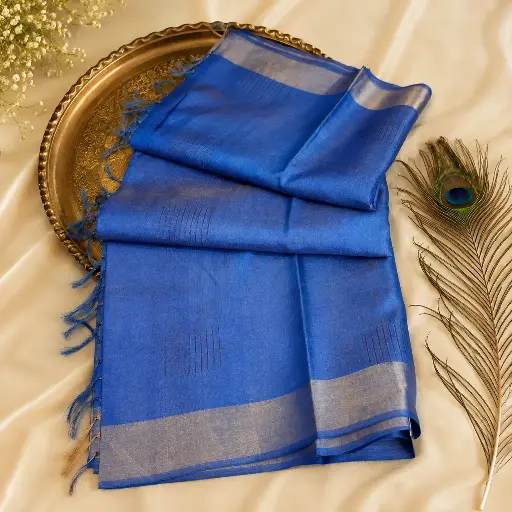 [63109001IA04A6] Royal Blue Linen Silk Saree with Silver Border & Tassel Pallu
