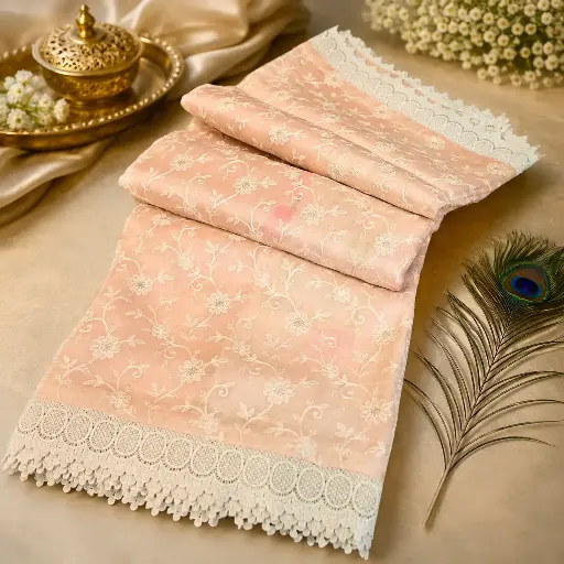[94317001ED27E3] Elegant Peach Organza Embroidered Saree with Floral Lace Border
