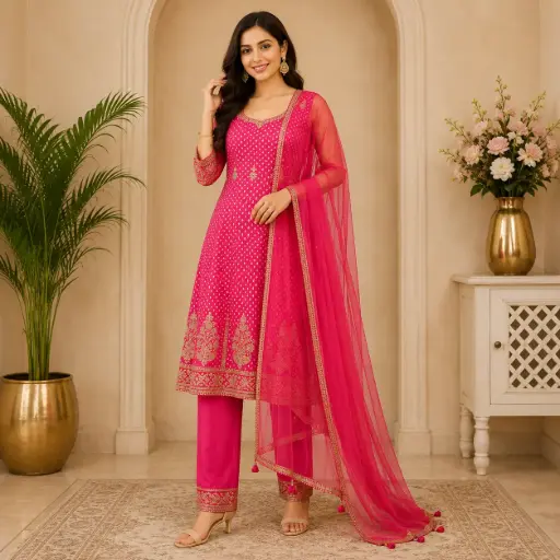 [92425002FT70E1] Women's Hot Pink Embroidered Straight Kurta Pant Set with Net Dupatta