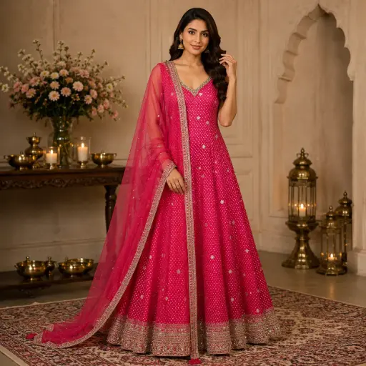 [92425074YS01E1] Women's Hot Pink Embroidered Anarkali Suit Set with Dupatta