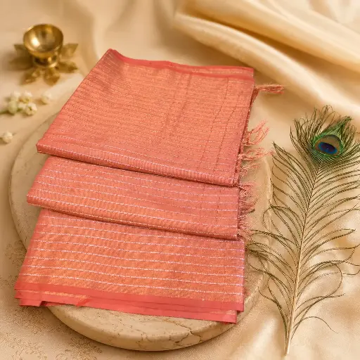 [91517001FN91E0] Elegant Peach Linen Cotton Saree with Silver Stripes & Tassel Pallu