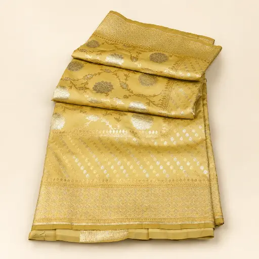 [74409011HH86B7] Mustard Gold Banarasi Style Saree with Silver Floral Zari Weave