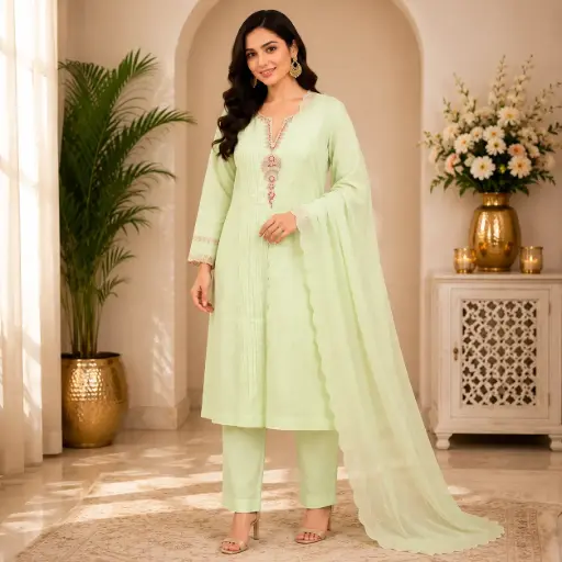 [09425001NR13E5] Elegant Pastel Mint Green Straight Kurta Pant Set for Women with Embroidered Dupatta