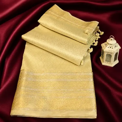 [80109001HJ50B7] Light Gold Silk Saree with Jacquard Weave, Zari Border & Tassels