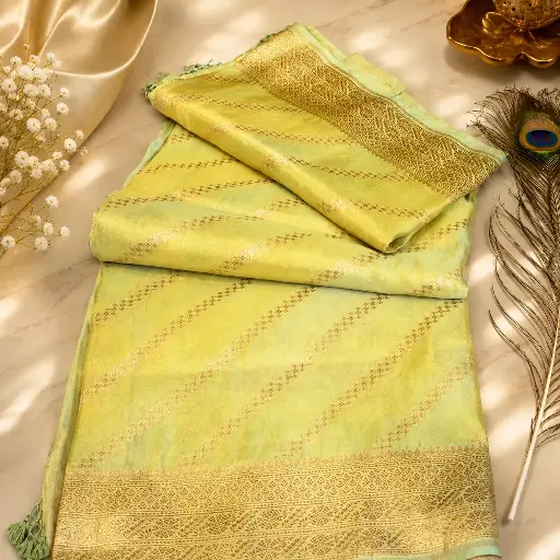 [80109001HJ54B7] Elegant Pastel Mint Green Banarasi Silk Saree with Gold Zari Border